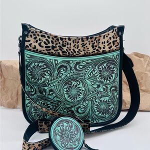Leopard Print Hair on Hide and Turquoise Floral Leather Crossbody Women's Bag